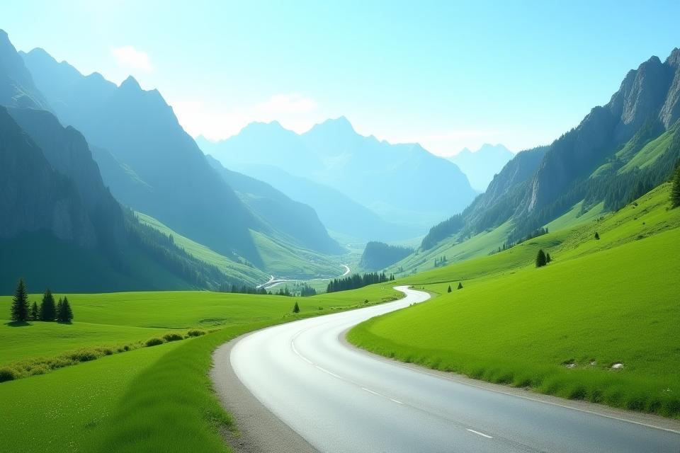 Scenic Austrian mountain road winding through lush green alps under a blue sky.
